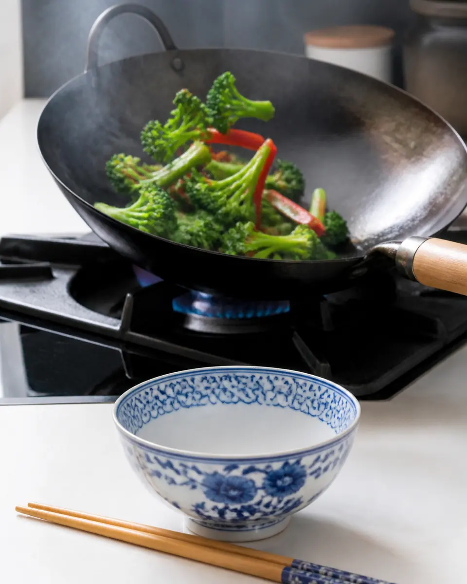 Wok en acier noir sur la flamme bleue d’une gazinière, brocolis et lanières de poivron rouge en train de sauter, bol en porcelaine bleu et blanc et baguettes en bambou au premier plan