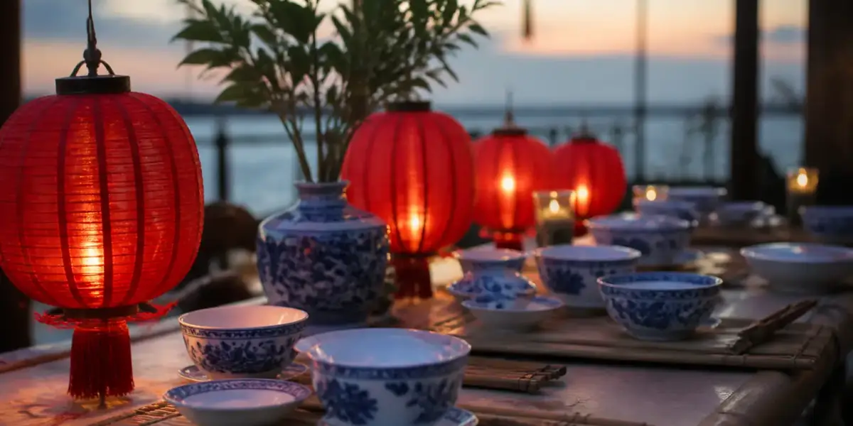 Lanternes rouges et bols en porcelaine sur une table de fête, lumière du soir