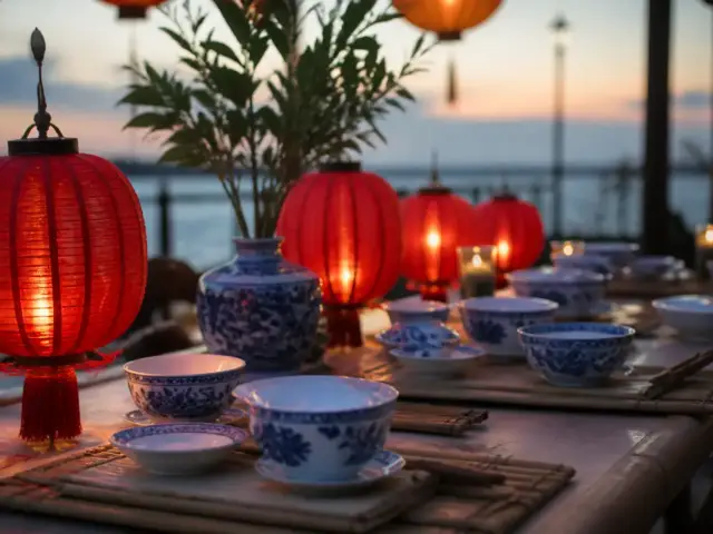 Lanternes rouges et bols en porcelaine sur une table de fête, lumière du soir