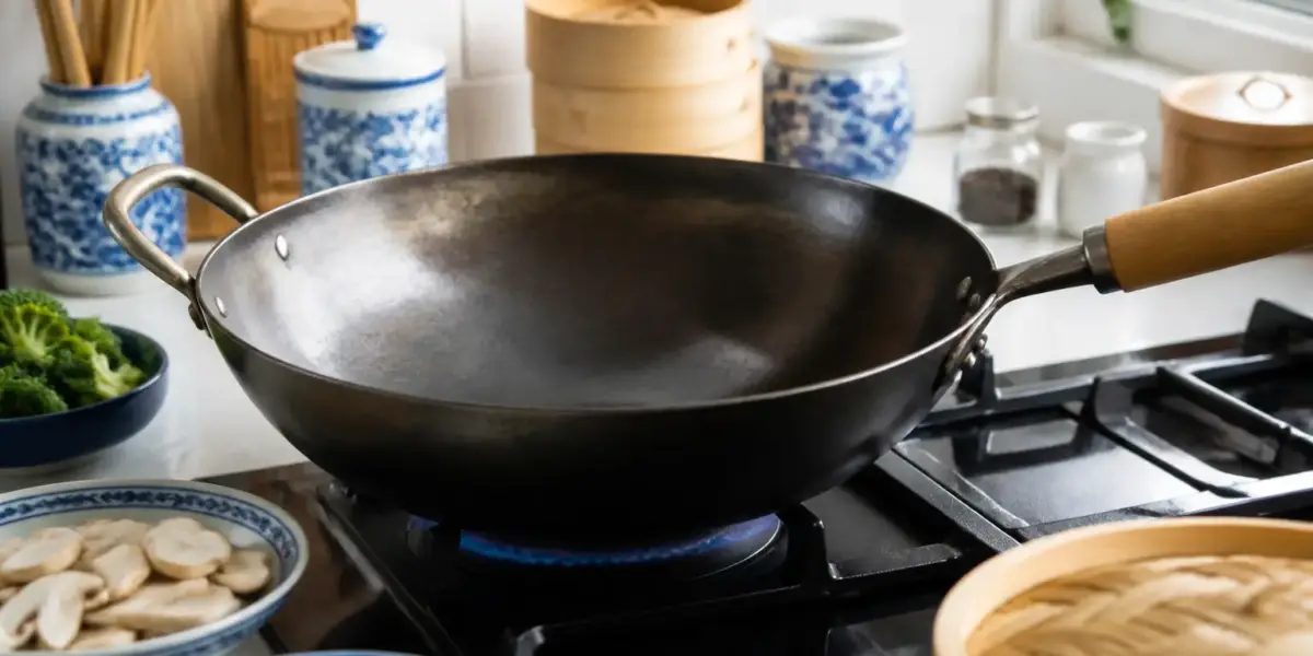 Wok en acier noir posé sur un feu de gaz, intérieur patiné, sur un plan de travail clair