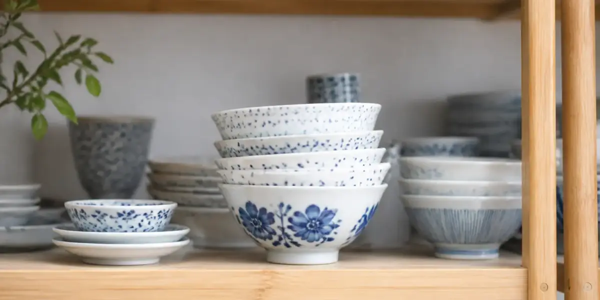 Pile de bols en porcelaine blanche à décor bleu sur une étagère claire