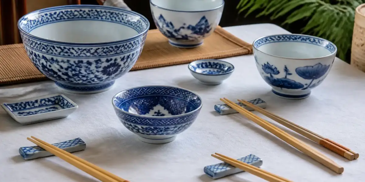 Bols et coupelles en porcelaine bleu et blanc, baguettes en bambou alignées sur une nappe claire