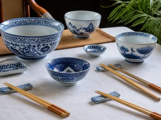 Bols et coupelles en porcelaine bleu et blanc, baguettes en bambou alignées sur une nappe claire