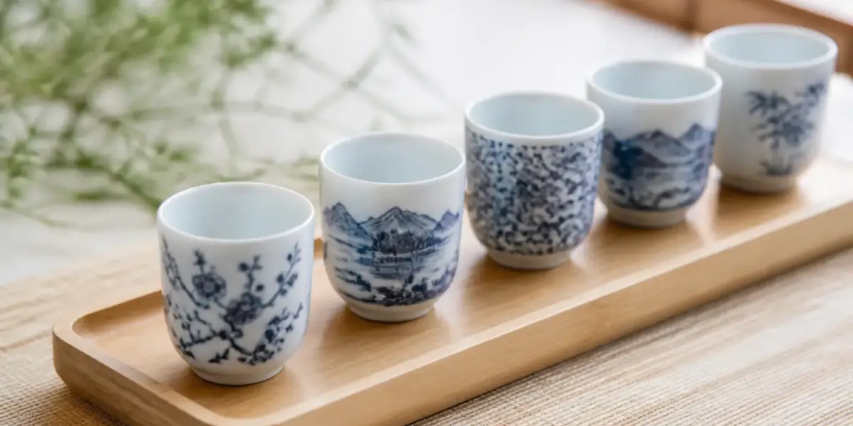 Tasses à thé sans anse en porcelaine bleu et blanc alignées sur un plateau en bois