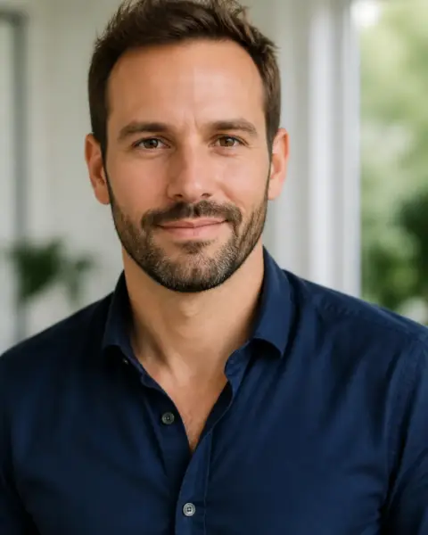 Portrait de Bastien Lorrain, cheveux bruns courts, barbe courte, chemise bleu marine, fond de pièce lumineuse et floue