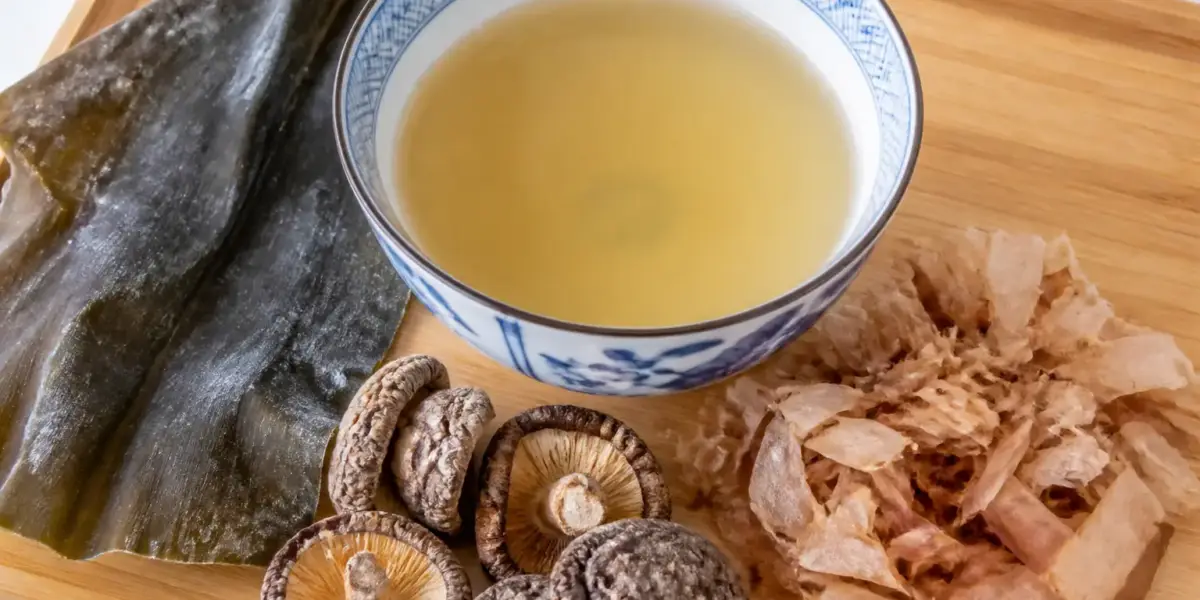 Bol de bouillon clair entouré d’algue kombu séchée, de champignons shiitake et de copeaux de bonite