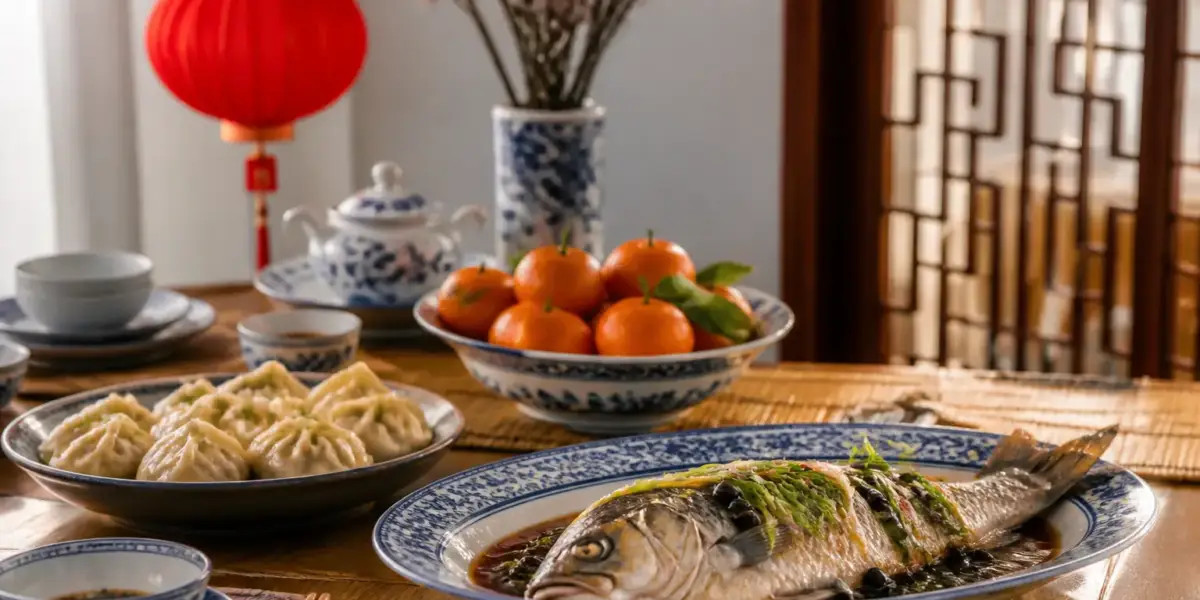 Table de réveillon du nouvel an chinois avec poisson entier, raviolis et lanternes rouges
