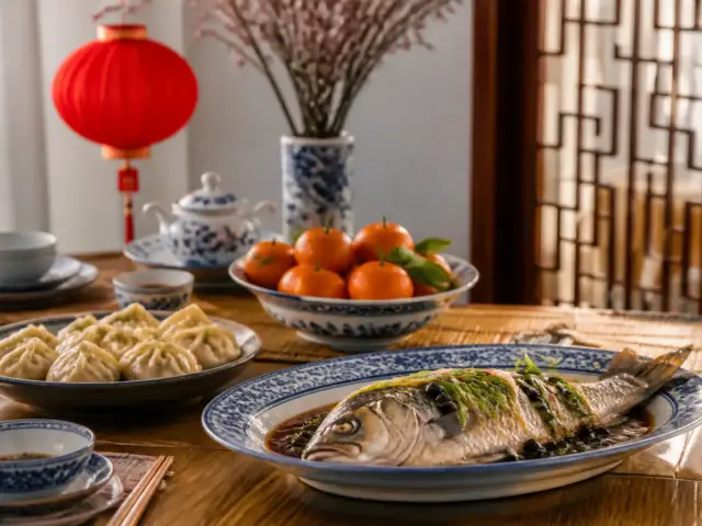 Table de réveillon du nouvel an chinois avec poisson entier, raviolis et lanternes rouges