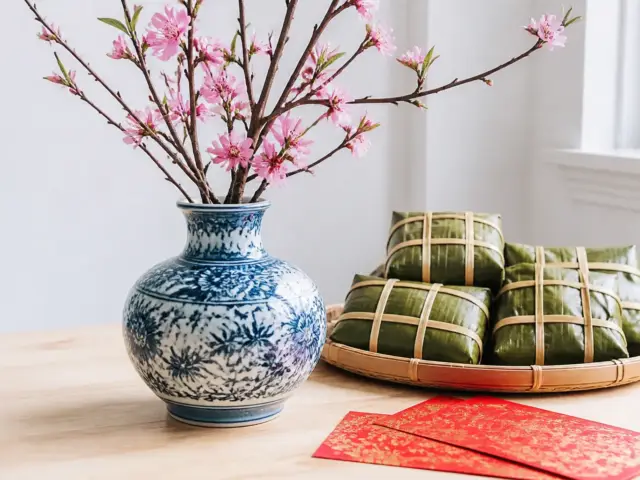 Branches de pêcher en fleur et gâteaux de riz carrés enveloppés de feuilles pour le Têt vietnamien