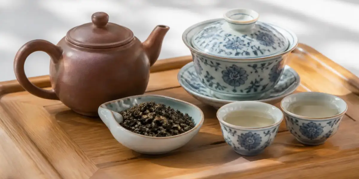 Petite théière en terre, tasses en porcelaine bleu et blanc et feuilles de thé chinois sur un plateau