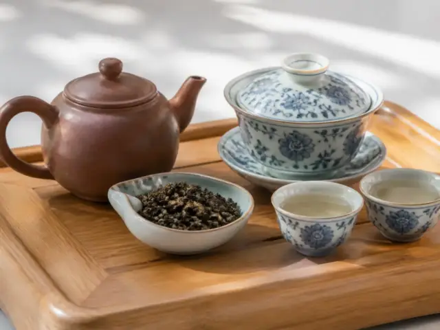 Petite théière en terre, tasses en porcelaine bleu et blanc et feuilles de thé chinois sur un plateau