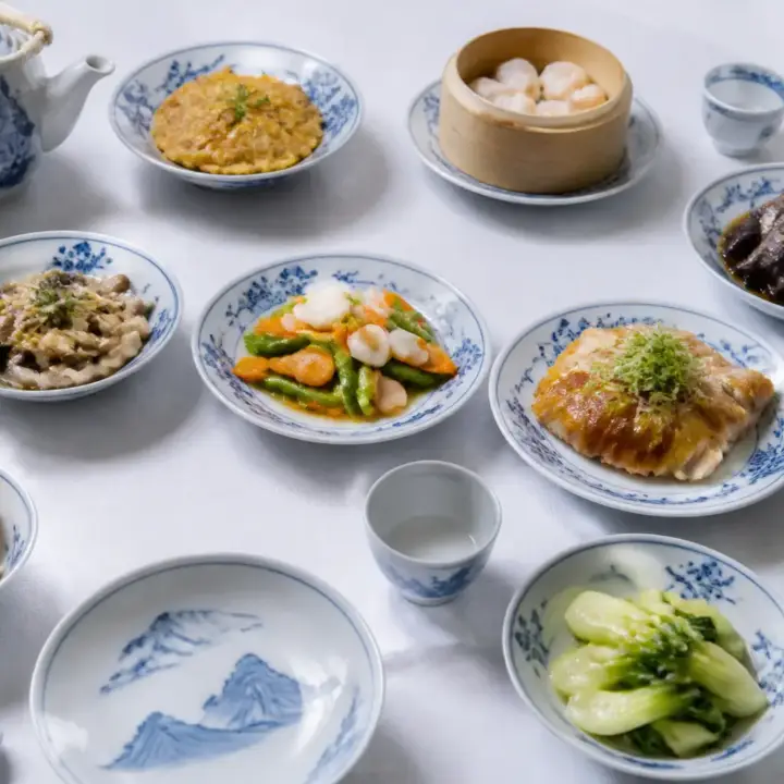 Table dressée de petits plats asiatiques variés dans des bols en porcelaine bleu et blanc, avec baguettes et théière