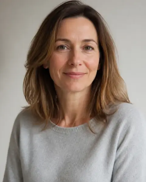 Portrait d’Hélène Marchadier, cheveux châtain clair mi-longs, pull gris perle, fond de pièce claire et floue