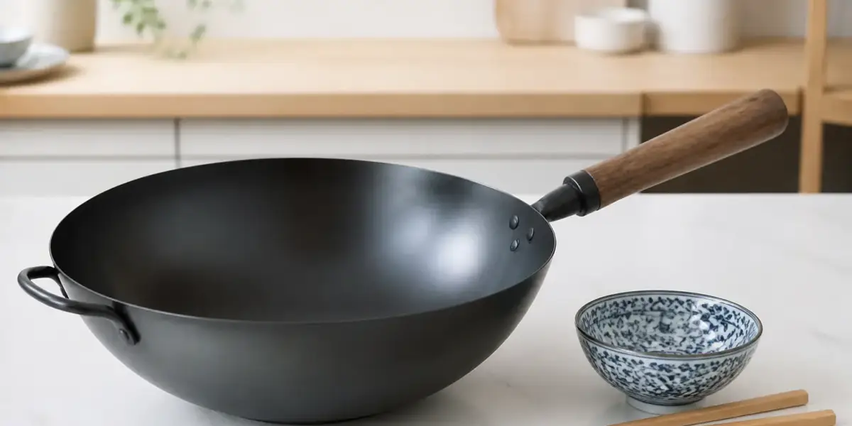 Wok en acier carbone à long manche de bois, intérieur patiné noir, suspendu à un crochet de cuisine