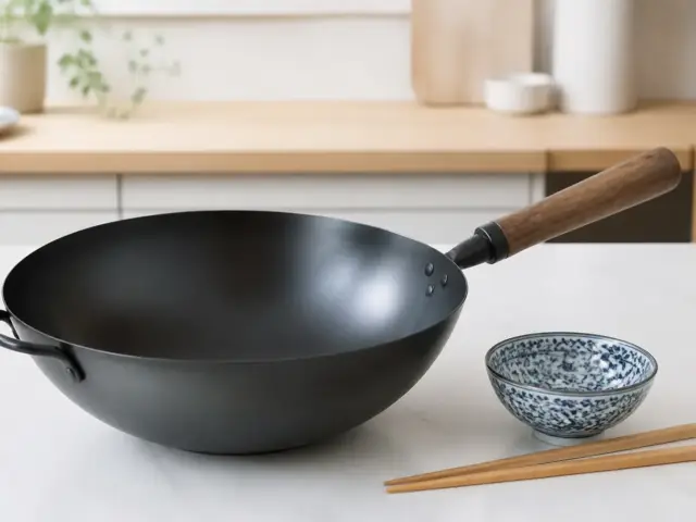 Wok en acier carbone à long manche de bois, intérieur patiné noir, suspendu à un crochet de cuisine