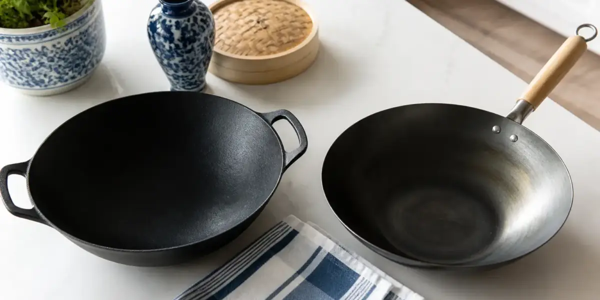 Un wok en fonte épais et un wok en acier noir plus fin posés côte à côte sur un plan de travail clair
