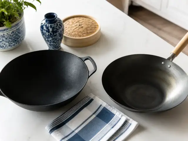 Un wok en fonte épais et un wok en acier noir plus fin posés côte à côte sur un plan de travail clair