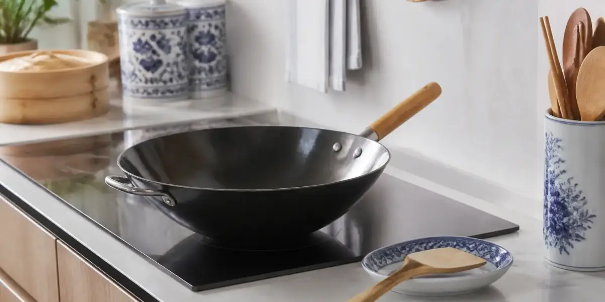 Wok noir à fond plat posé sur une plaque à induction en verre noir, une spatule en bois à côté