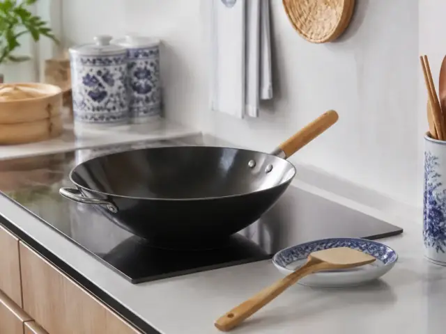 Wok noir à fond plat posé sur une plaque à induction en verre noir, une spatule en bois à côté