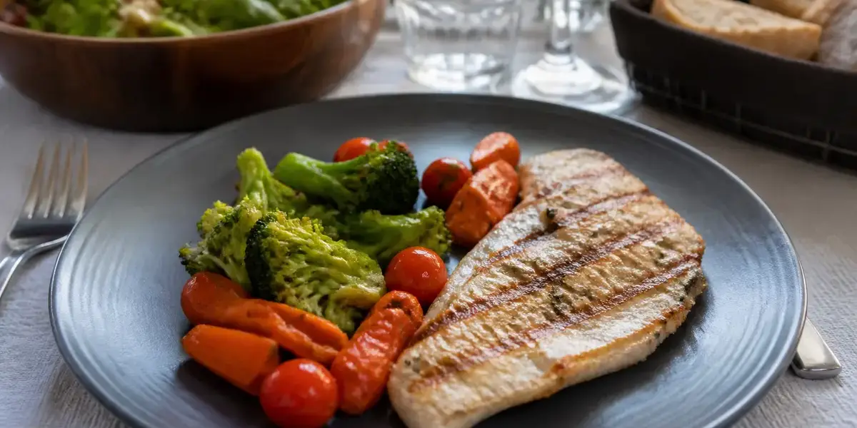 Assiette saine de légumes grillés et poulet pour dîner sur maviehealthy.com