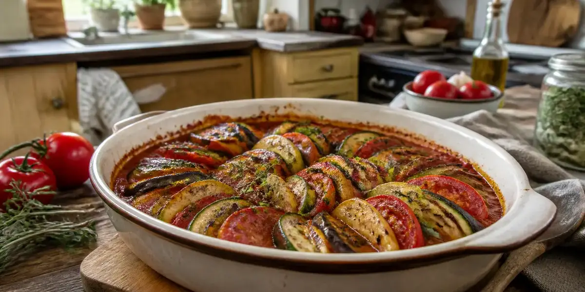 Ratatouille au four dans une cuisine rustique sur mabiehealthy.com pour repas sain et coloré