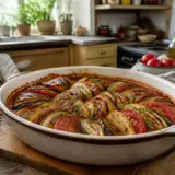 Ratatouille au four dans une cuisine rustique sur mabiehealthy.com pour repas sain et coloré