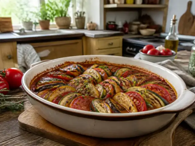 Ratatouille au four dans une cuisine rustique sur mabiehealthy.com pour repas sain et coloré