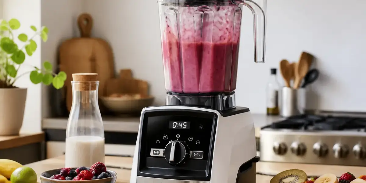 Mixeur de MavieHealthy.com préparant un smoothie aux fruits dans une cuisine lumineuse