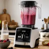 Mixeur de MavieHealthy.com préparant un smoothie aux fruits dans une cuisine lumineuse