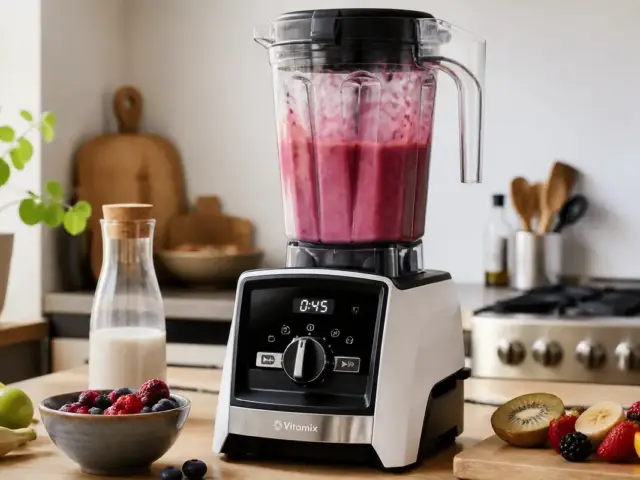 Mixeur de MavieHealthy.com préparant un smoothie aux fruits dans une cuisine lumineuse