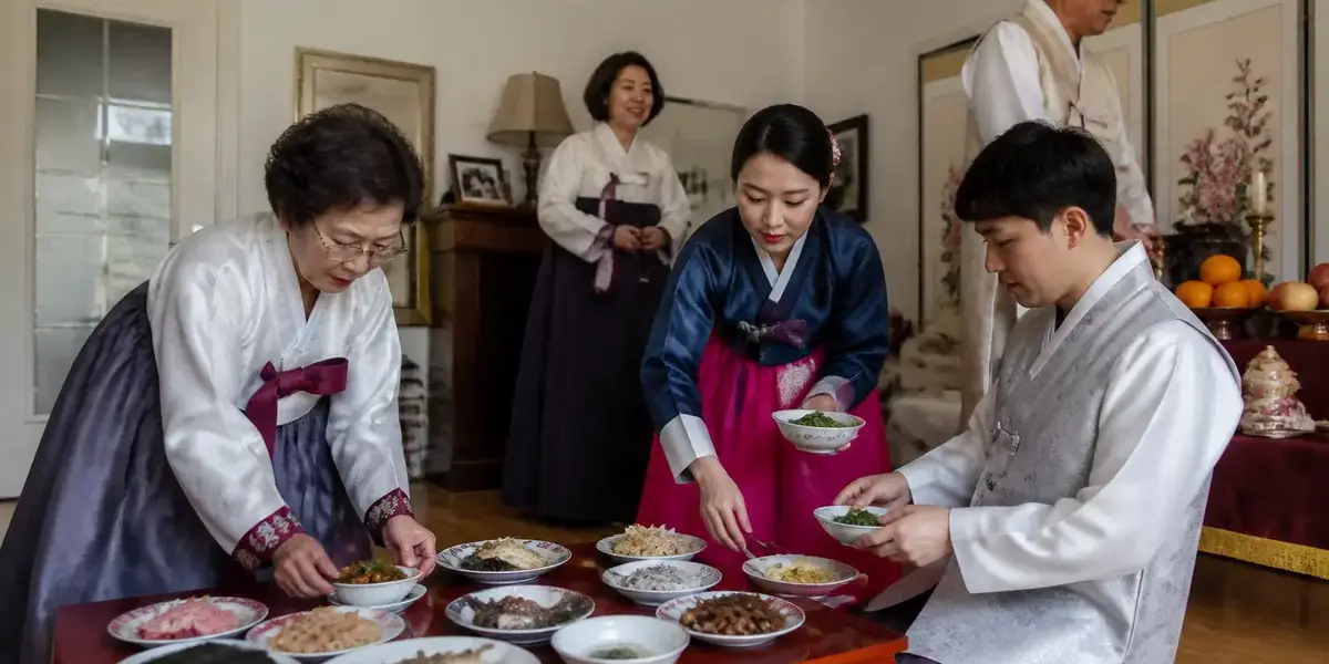 Personnes en hanbok préparant des plats pour le Nouvel An coréen dans un salon.
