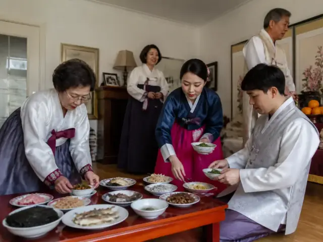 Personnes en hanbok préparant des plats pour le Nouvel An coréen dans un salon.