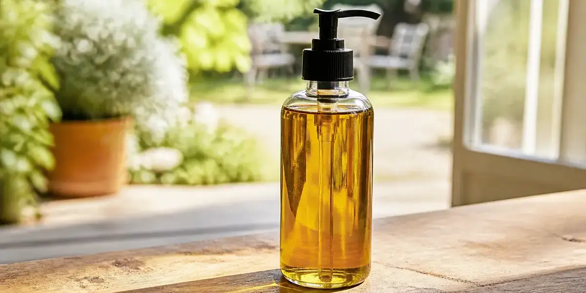 Bouteille d'huile sur table en bois, idéale pour slowinfusion.fr dans un jardin lumineux.