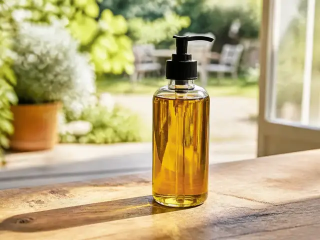 Bouteille d'huile sur table en bois, idéale pour slowinfusion.fr dans un jardin lumineux.