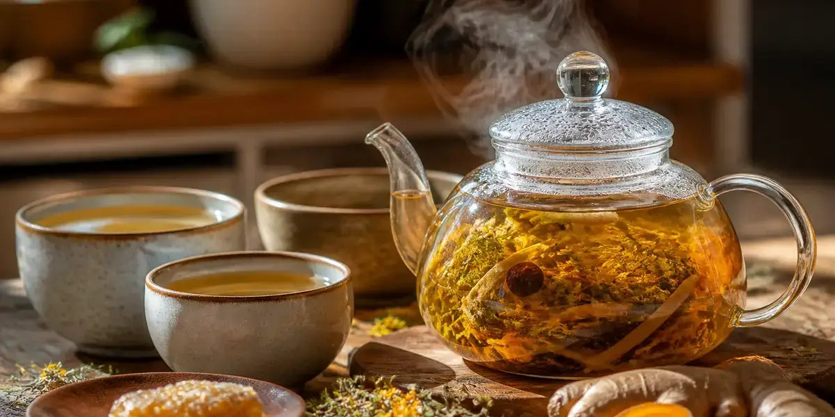 Théière en verre et tasses d'infusion sur slowinfusion.fr avec gingembre et miel naturels