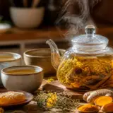 Théière en verre et tasses d'infusion sur slowinfusion.fr avec gingembre et miel naturels