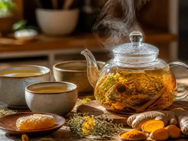 Théière en verre et tasses d'infusion sur slowinfusion.fr avec gingembre et miel naturels