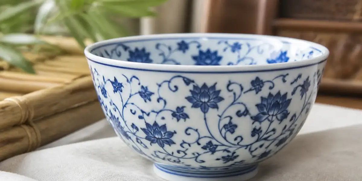 Bol en porcelaine chinoise blanche à décor bleu de rinceaux et de fleurs, posé sur un tissu clair