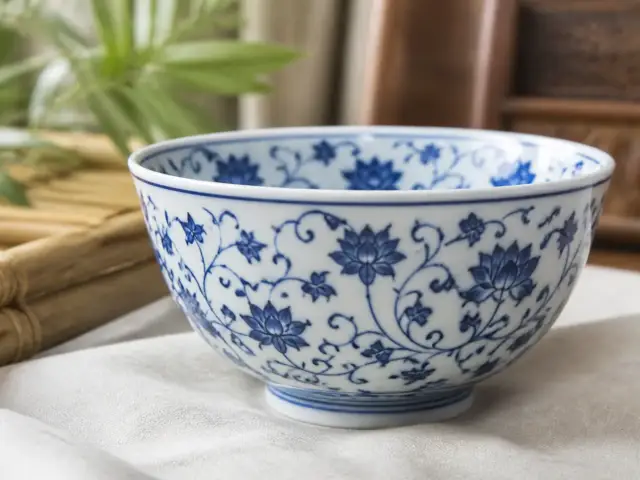 Bol en porcelaine chinoise blanche à décor bleu de rinceaux et de fleurs, posé sur un tissu clair