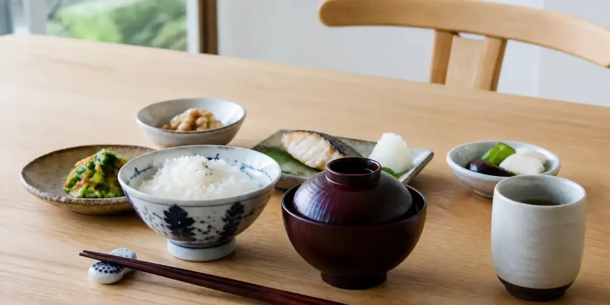 Table dressée à la japonaise avec bol à riz, bol à soupe laqué, petites assiettes dépareillées et tasse sans anse