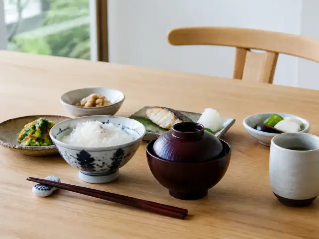 Table dressée à la japonaise avec bol à riz, bol à soupe laqué, petites assiettes dépareillées et tasse sans anse
