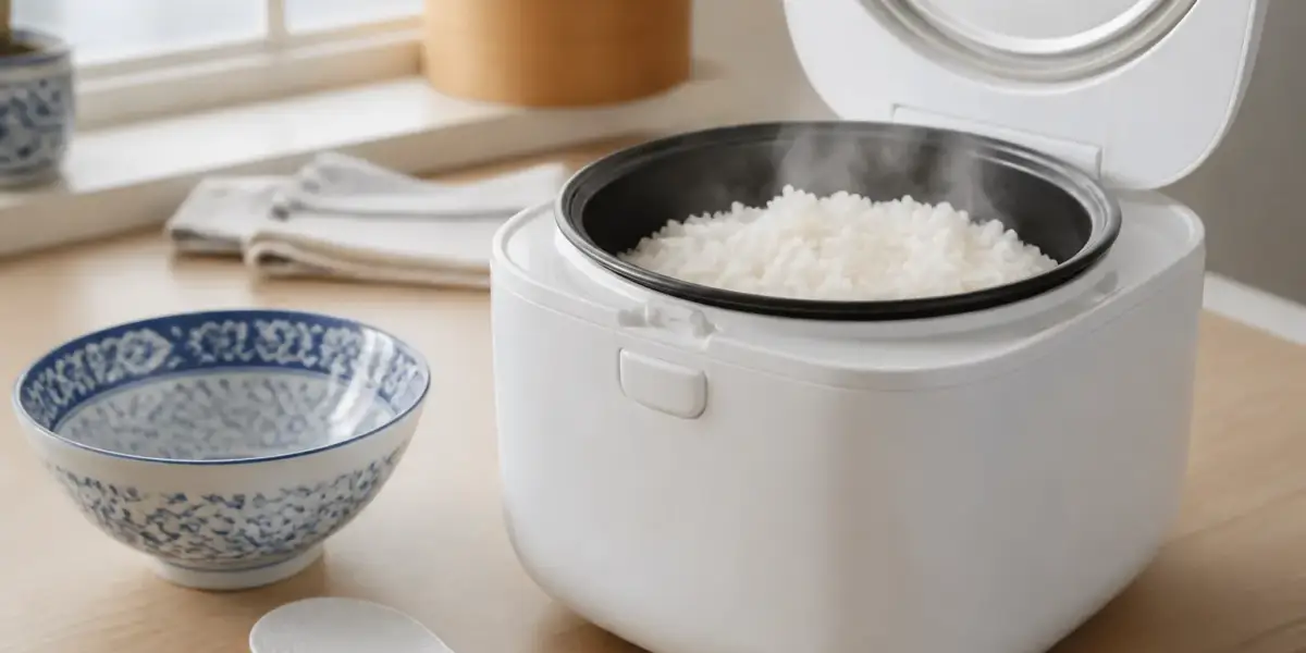 Cuiseur à riz électrique blanc ouvert, cuve remplie de riz blanc fumant et spatule posée à côté