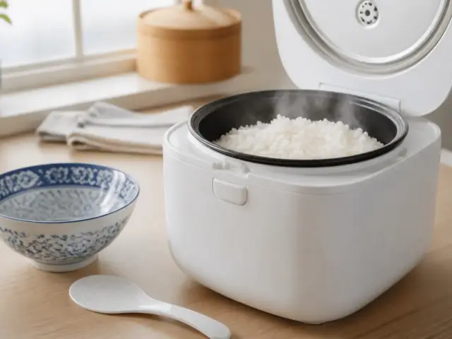 Cuiseur à riz électrique blanc ouvert, cuve remplie de riz blanc fumant et spatule posée à côté