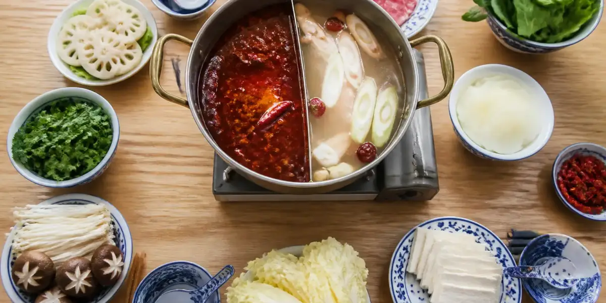 Marmite de hot pot à deux compartiments, bouillon rouge et bouillon clair, posée sur un réchaud au centre d’une table