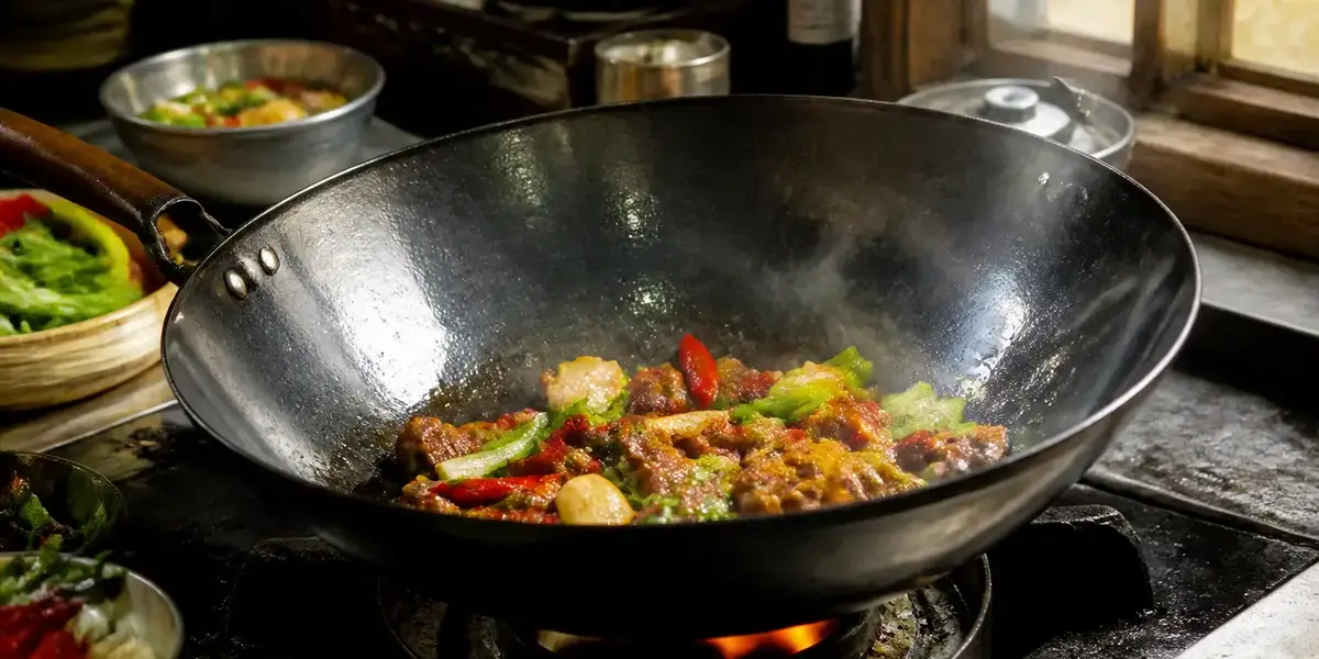 Wok en cuisine traditionnelle, légumes sautés illustrant l'origine du wok asiatique.