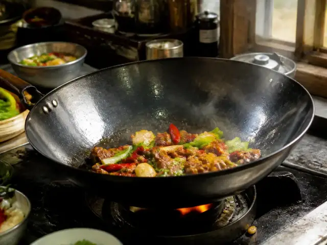 Wok en cuisine traditionnelle, légumes sautés illustrant l'origine du wok asiatique.